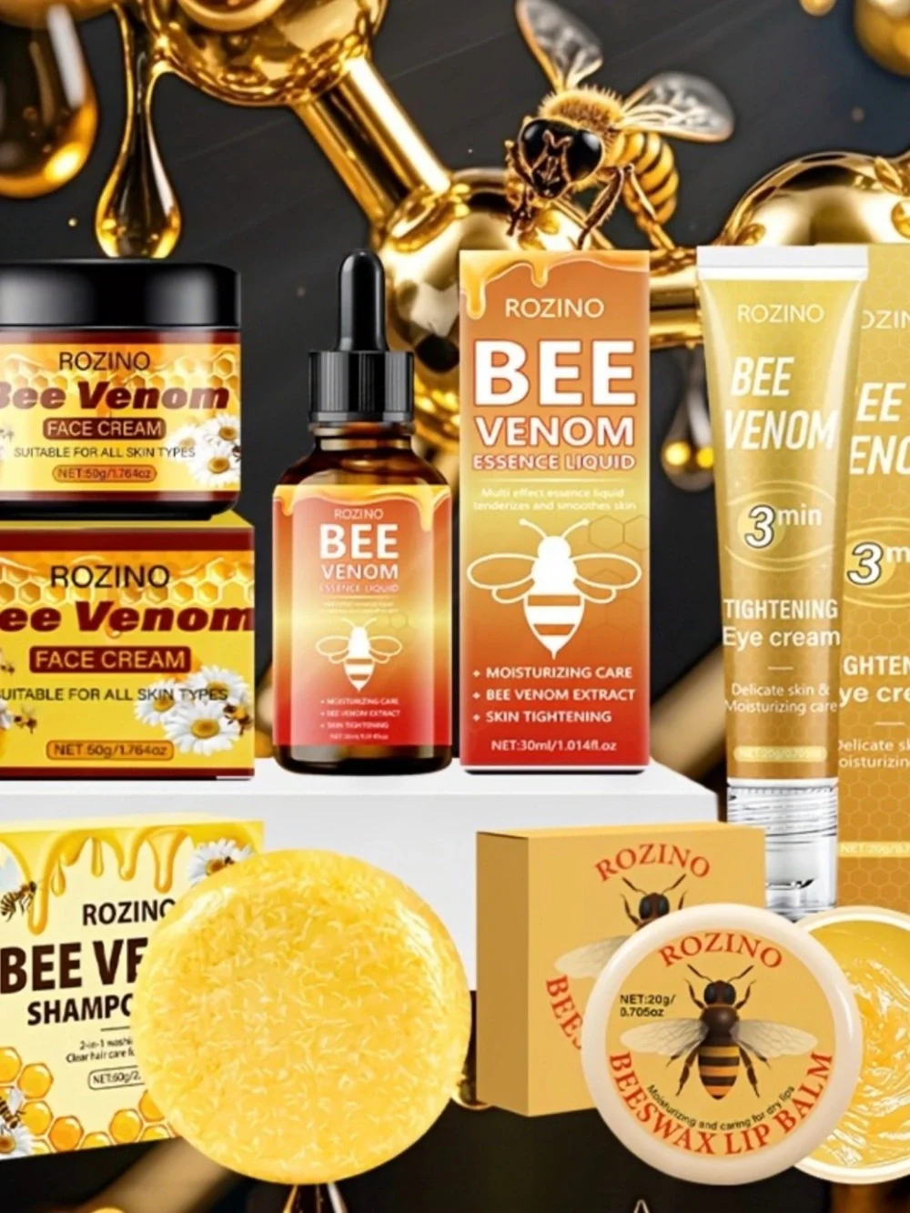 ROZINO Bee Venom Skincare Set Essence, Eye/Face Cream, Lip Balm, Shampoo Soap